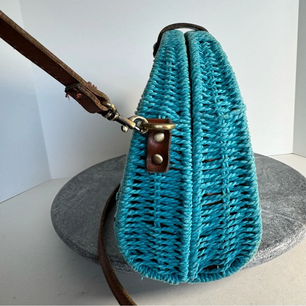 Patricia Nash Bonella Crossbody Wicker Blue Purse Bag Leather Strap